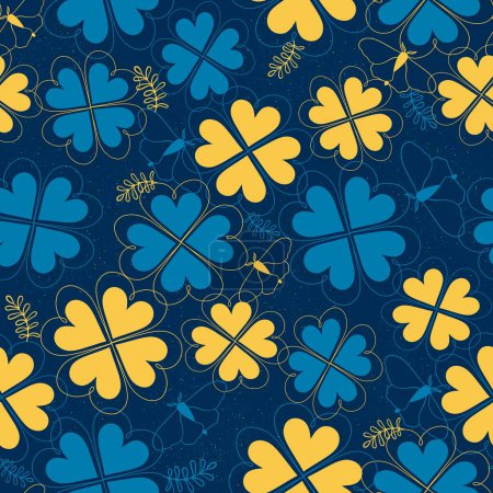 Blue-yellow flowers and butterflies on a dark blue background. Ukrainian botanical seamless pattern. Pattern for printing on any products and backgrounds, as well as for web design.