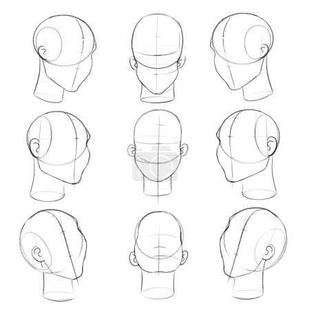 Menschlicher Kopf in verschiedenen Winkeln und Rotationen. Bleistift-Skizze für Künstler.