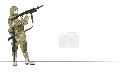 Téléchargez les illustrations : A soldier of the Armed Forces of Ukraine shoots from a machine gun. Color drawing in one line. Print for logos and various designs. Military theme. Vector illustration - en licence libre de droit