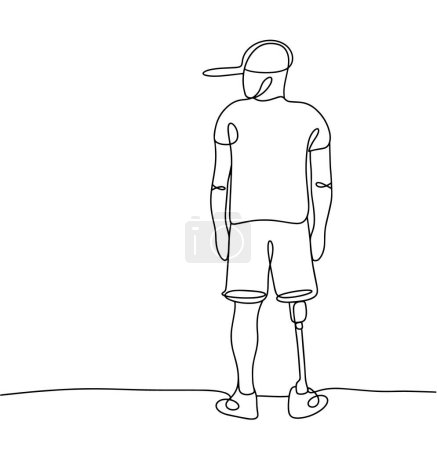 Illustration for A man with a prosthetic leg. Person with disabilities. social problem. A person with special needs. One line drawing. International Day of Disabled Persons. Vector illustration - Royalty Free Image
