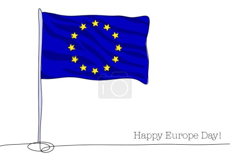 Ilustración de Bandera de Europa y Consejo de Europa. 12 estrellas de cinco puntas sobre un fondo azul. Ilustración en blanco y negro. Ilustración vectorial de felicitación para el Día de Europa. Dibujo coloreado de una línea para diferentes usos. Ilustración vectorial - Imagen libre de derechos