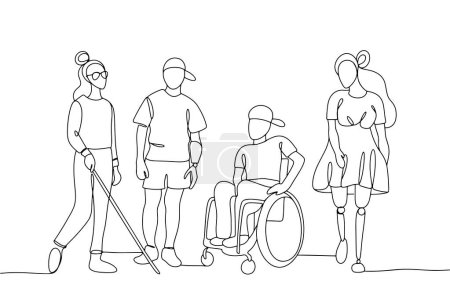 Personas con discapacidad. Actividad física limitada. Día Internacional de los Derechos de las Personas con Discapacidad. Ilustración de una línea para diferentes usos. Ilustración vectorial