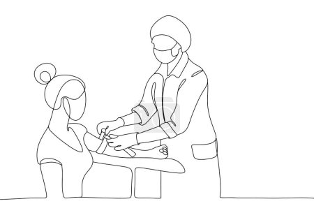La enfermera tira del brazo del paciente con un torniquete. procedimiento médico. Día Internacional de las Enfermeras. Dibujo de una línea para diferentes usos. Ilustración vectorial.
