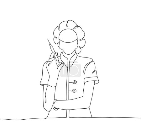A nurse in a mask and cap with a syringe in her hand. Therapeutic injection. International Nurses Day. One line drawing for different uses. Vector illustration.