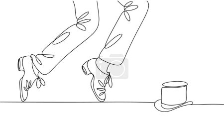 Un homme danse des claquettes avec des chaussures spéciales. Un chapeau haut de forme se trouve sur le sol à proximité. Journée internationale de la danse du robinet. Un dessin de ligne pour différentes utilisations. Illustration vectorielle.