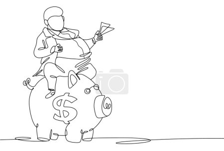 Ein dicker Mann sitzt auf einem Sparschwein mit Geld. Gier und Reichtum. Anhäufung von Geld. Eine Linienzeichnung für verschiedene Zwecke. Vektorillustration.