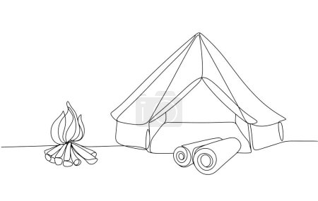 Illustration for Tent for two. Tent near the fire. Summer type of recreation. Overnight outdoors. World Responsible Tourism Day. One line drawing for different uses. Vector illustration. - Royalty Free Image