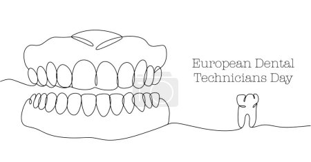 Ober- und Unterkiefer eines Menschen mit Zähnen. Kiefer einsetzen. Europäischer Tag der Zahntechniker. Eine Linienzeichnung für verschiedene Zwecke. Vektorillustration.