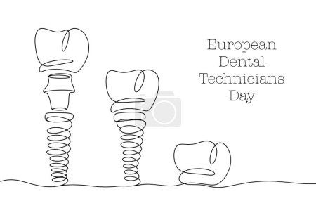 Illustration for Dental implant. Collapsible tooth. Dental implant for restoration of the dentition. European Dental Technicians Day. One line drawing for different uses. Vector illustration. - Royalty Free Image