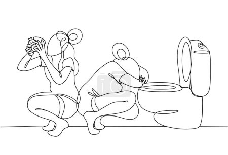 Illustration for The girl vomits after eating. The girl is bulimic. Eating disorder. World Eating Disorders Action Day. One line drawing for different uses. Vector illustration. - Royalty Free Image