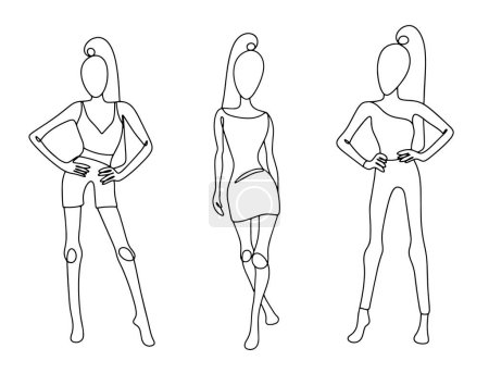 Illustration for Very skinny girl model. The girl is sick with anorexia nervosa. Three characters. Eating disorder. World Eating Disorders Action Day. One line drawing for different uses. Vector illustration. - Royalty Free Image