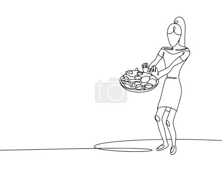 Ilustración de Una chica muy delgada se niega a comer. La chica está enferma de anorexia nerviosa. Día Mundial de Acción contra los Trastornos Alimentarios. Dibujo de una línea para diferentes usos. Ilustración vectorial. - Imagen libre de derechos