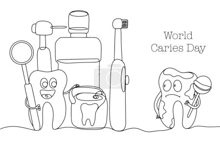 Ilustración de Productos de higiene bucal y un diente sano. Diente con piruleta y caries. Día Mundial de la Caries. Dibujo de una línea para diferentes usos. Ilustración vectorial. - Imagen libre de derechos