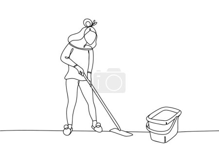 El ama de casa lava los pisos. Limpieza de casas. Día Nacional de la Ama de Casa. Dibujo de una línea para diferentes usos. Ilustración vectorial.