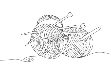 Illustration for Knitting and crochet. Skeins of yarn with knitting tools. World Wide Knit in Public Day One line drawing for different uses. Vector illustration. - Royalty Free Image