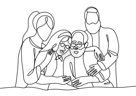 Adult children protect their elderly parents. Two generations. World Elder Abuse Awareness Day. One line drawing for different uses. Vector illustration.