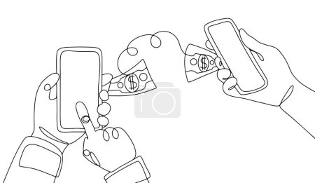 Illustration for Money transfer using mobile phone.International Day of Family Remittances. One line drawing for different uses. Vector illustration. - Royalty Free Image