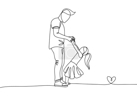 The father holds his little daughter by the hands. Family illustration. Father's Day. One line drawing for different uses. Vector illustration.