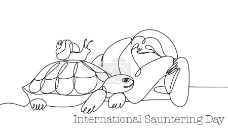Illustration for Turtle, snail and sloth. The slowest animals. World Sauntering Day. One line drawing for different uses. Vector illustration. - Royalty Free Image