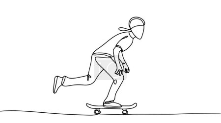 Il avance sur un skateboard. Il s'enfuit avec son pied et roule. Allez le Skateboard Day. Un dessin de ligne pour différentes utilisations. Illustration vectorielle.
