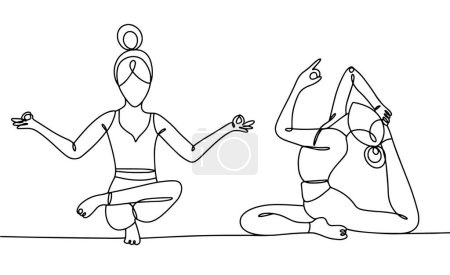 Téléchargez les illustrations : Deux filles font du yoga. Étirer le corps et détendre les muscles. Un dessin de ligne pour différentes utilisations. Illustration vectorielle. - en licence libre de droit