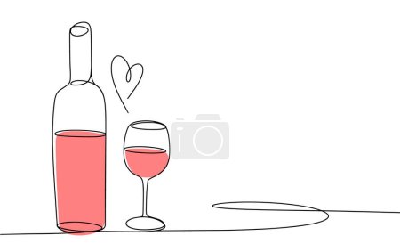 Bottle and glass of wine. Pink wine. International Rose Day. One line drawing for different uses. Vector illustration.