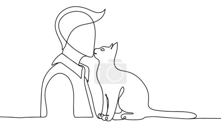 Ilustración de El hombre y su mascota. El gato huele al dueño. Día Mundial contra el Abandono de Mascotas. Dibujo de una línea para diferentes usos. Ilustración vectorial. - Imagen libre de derechos