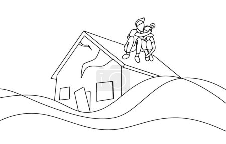 People are sitting on the roof of their own ruined house. The house is sinking in a flood. Consequences of military actions. One line drawing for different uses. Vector illustration.