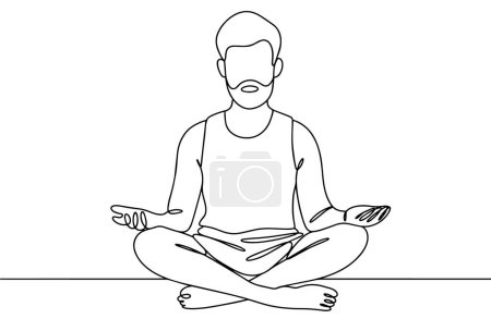 Ilustración de Un hombre medita sentado en el suelo. Descanso y relajación. Día Internacional del Autocuidado. Dibujo de una línea para diferentes usos. Ilustración vectorial. - Imagen libre de derechos