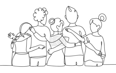 Téléchargez les illustrations : Un groupe de personnes se tient ensemble. Ambiance chaleureuse. Un dessin de ligne pour différentes utilisations. Illustration vectorielle. - en licence libre de droit