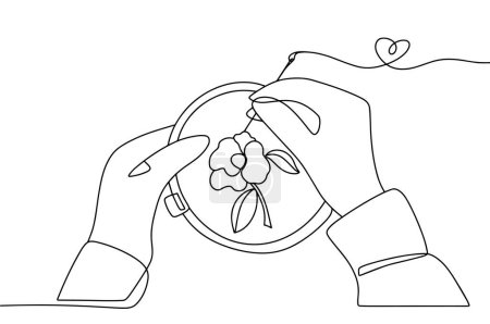 A woman is embroidering a floral pattern on a hoop. One line drawing for different uses. Vector illustration.