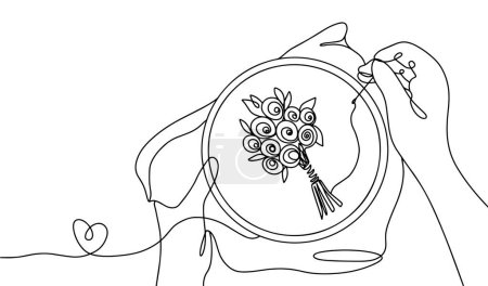A woman embroiders flowers on a hoop. World Embroidery Day. One line drawing for different uses. Vector illustration.