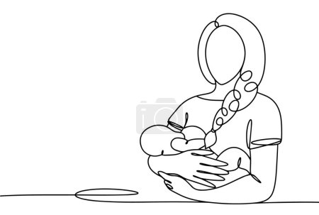 Illustration for The mother is breastfeeding the baby. World Breastfeeding Week. One line drawing for different uses. Vector illustration. - Royalty Free Image