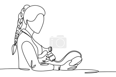 Illustration for A young mother expresses her breast milk. Breast-feeding. World Breastfeeding Week. One line drawing for different uses. Vector illustration. - Royalty Free Image