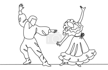 Illustration for Gypsy folk dance. A man and a woman dance to the music. One line drawing for different uses. Vector illustration. - Royalty Free Image