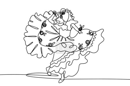 Ilustración de Una chica gitana baila en un magnífico vestido con rosas. Dibujo de una línea para diferentes usos. Ilustración vectorial. - Imagen libre de derechos