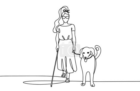 Blinde Frau mit Blindenhund. Internationaler Blindenhundetag. Eine Linienzeichnung für verschiedene Zwecke. Vektorillustration.
