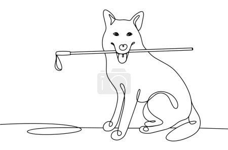 Illustration for The guide dog holds a stick for the blind in his teeth. International Guide Dog Day. One line drawing for different uses. Vector illustration. - Royalty Free Image