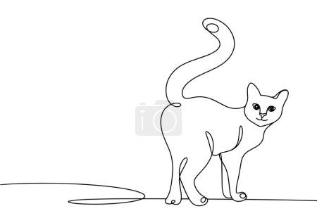 Lindo gato camina mirando hacia atrás. Día Internacional del Gato. Dibujo de una línea para diferentes usos. Ilustración vectorial.