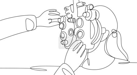 Examen oculaire avec réfracteur ophtalmique. Journée de l'ophtalmologiste. Un dessin de ligne pour différentes utilisations. Illustration vectorielle.
