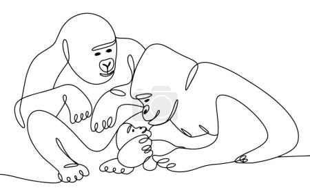 Illustration for Orangutan family. Mom and dad admire their baby. International Orangutan Day. Smart humanoid primates. One line drawing for different uses. Vector illustration. - Royalty Free Image