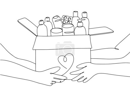 A volunteer gives a humanitarian kit to a person. World Humanitarian Day. One line drawing for different uses. Vector illustration.