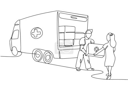 Illustration for Truck with humanitarian aid. Issuance of humanitarian aid to people. World Humanitarian Day. One line drawing for different uses. Vector illustration. - Royalty Free Image
