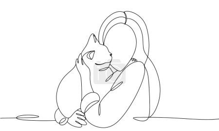 The owner hugs her cat. Home pet. Love to the animals. International Homeless Animals Day. One line drawing for different uses. Vector illustration.