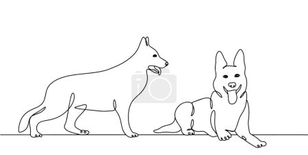 Schäferhund im Stehen und Liegen. Internationaler Hundetag. Eine Linienzeichnung für verschiedene Zwecke. Vektorillustration.