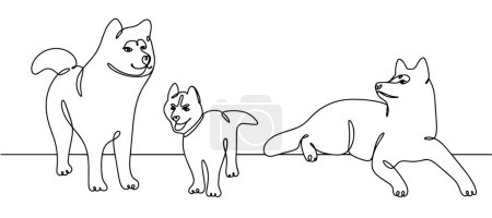 Illustration for Several husky dogs. Adults and puppies. International Dog Day. One line drawing for different uses. Vector illustration. - Royalty Free Image