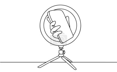 Téléchargez les illustrations : An annular lamp inside which is a hand with a telephone. World Bloggers Day. One line drawing for different uses. Vector illustration. - en licence libre de droit