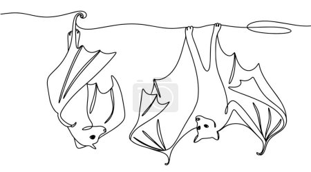 Illustration for Two bats hang upside down. International Bat Night. One line drawing for different uses. Vector illustration. - Royalty Free Image