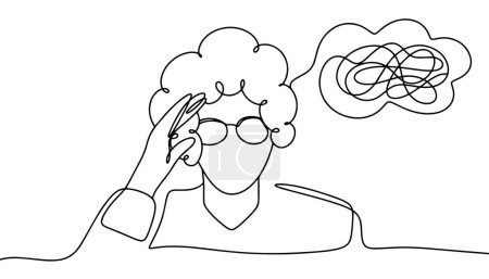 Illustration for Grandmother has mental confusion due to Alzheimer's disease. World Alzheimer's Month. One line drawing for different uses. Vector illustration. - Royalty Free Image
