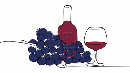 Un ramo de uvas Cabernet Sauvignon, una botella y una copa de vino. Día Internacional del Cabernet. Dibujo de una línea para diferentes usos. Ilustración del vector de color.